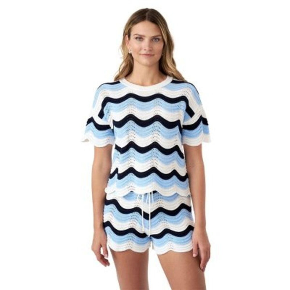 Hunter McGrady x Edited Blue White Chevron Crochet Knit Set Top XXL Shorts 1X